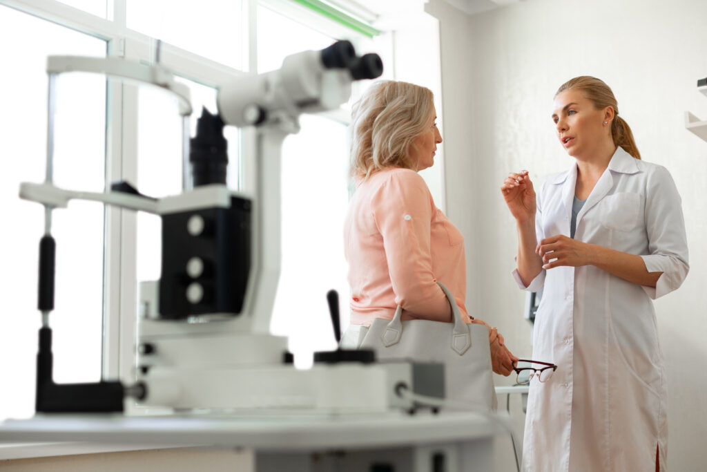 Eye doctor patient consultation